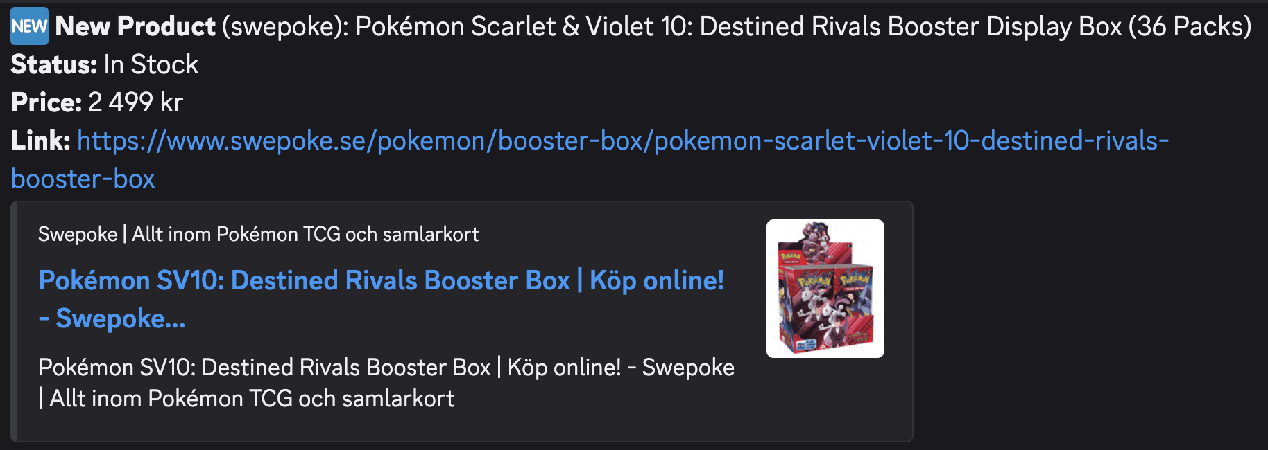 Notimon Discord-notis: Destined Rivals Booster Display Box i lager hos Swepoke för 2 499 kr