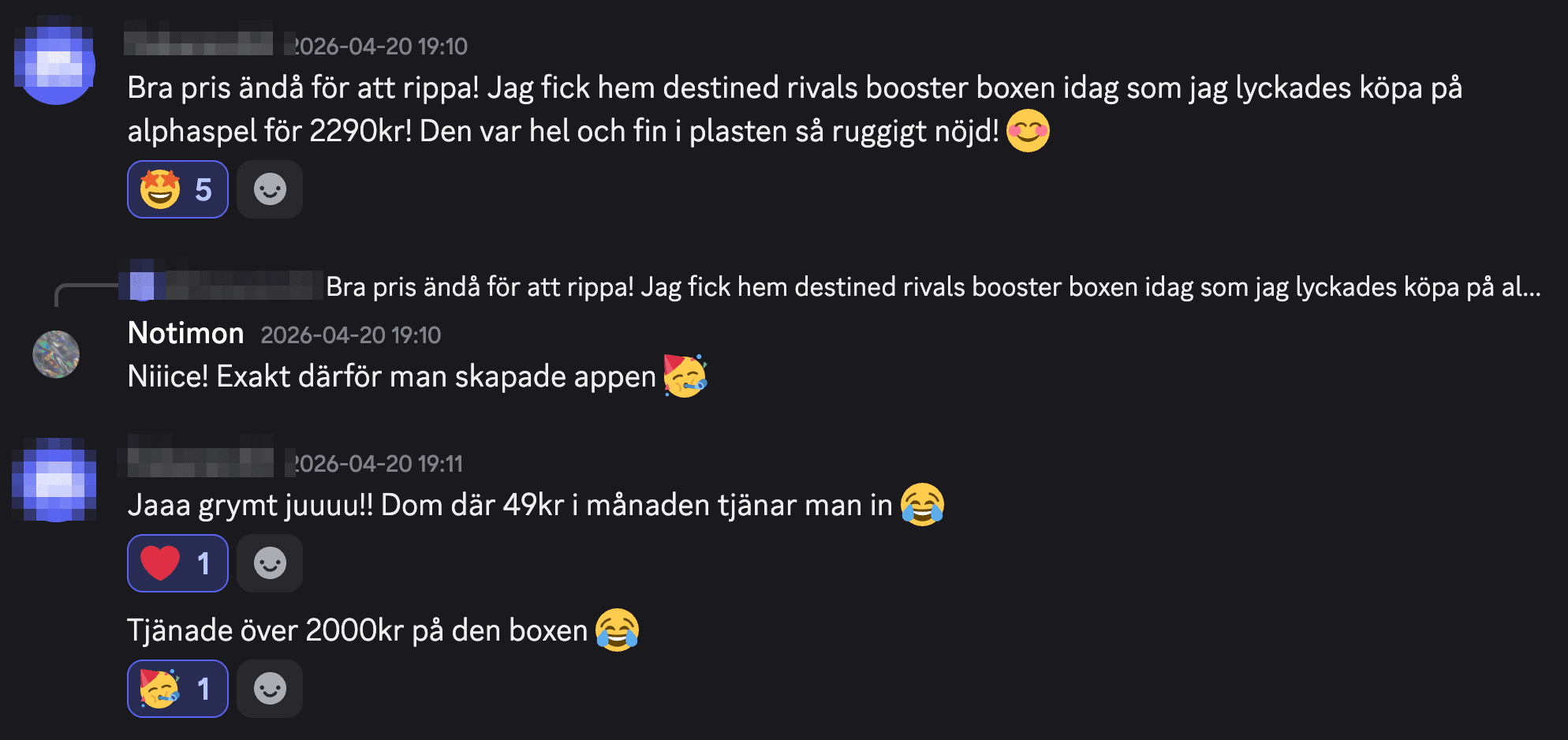 Discord-medlem berättar att hen köpte Destined Rivals booster box för 2290 kr via en Notimon-notis och tjänade över 2000 kr