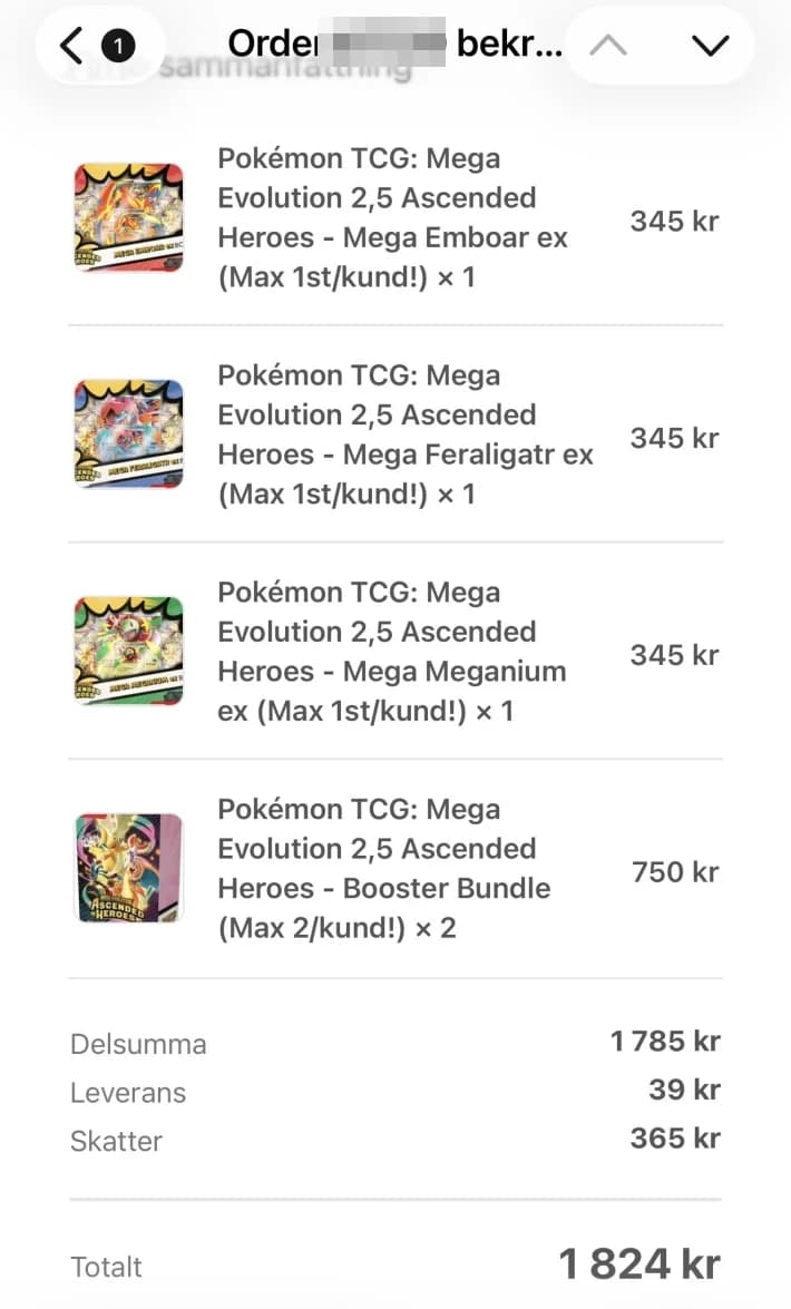Orderbekräftelse där en medlem säkrade Mega Evolution Ascended Heroes-produkter för 1 824 kr efter en Notimon-notis